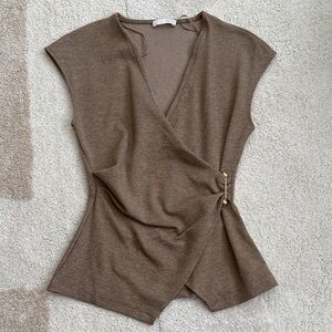 Zara Brown Wrap-Front Knit Top with Side Pin